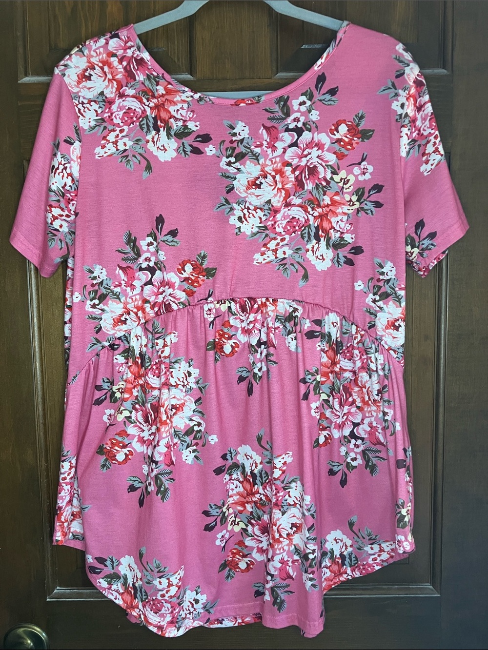 Shirley & Stone Pink Floral Short-Sleeve Tunic Style Top with Crisscross Back-XL